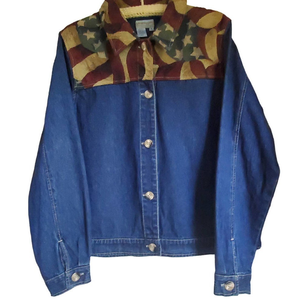 Vintage 1990's Coldwater Creek Denim & Tapestry American‎ Flag Jacket Large